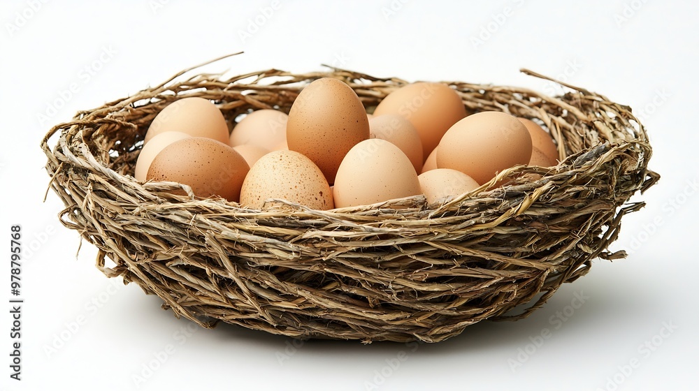Natural Chicken Eggs in a Woven Straw Basket isolated on a white background : Generative AI Natural Chicken Eggs in a Woven Straw Basket isolated on a white background : Generative AI