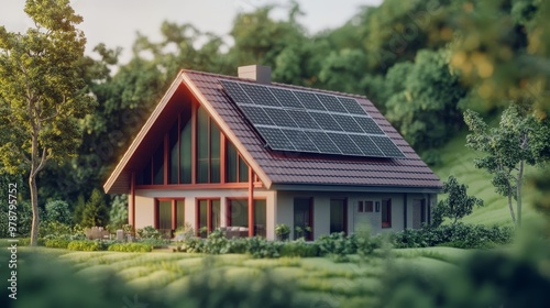 Futuristic Eco-Friendly Home Concept with Red Solar Panels and Energy Stats on Green Background