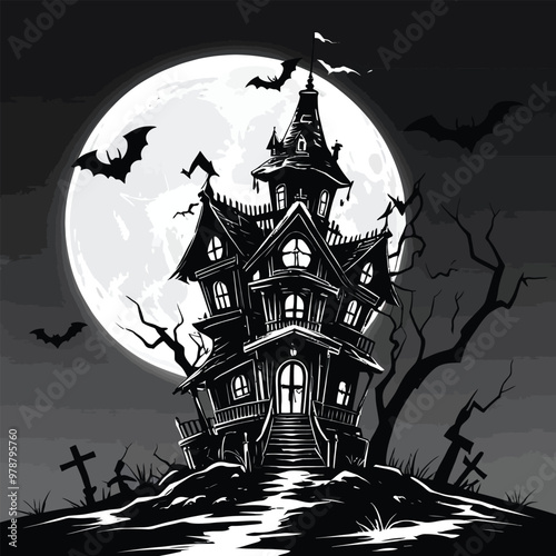 Halloween best hunted house graphic with  mid night forest horror illustration