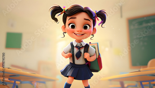 Cute 3D Cartoon Girl with Bag and School uniform