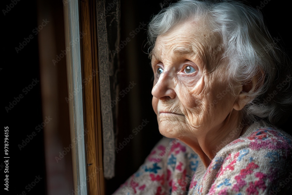 Elderly woman looking out of the window symbolizing reflection nostalgia and quiet contemplation in a warm domestic setting Elderly woman looking out of the window symbolizing reflection nostalgia and quiet contemplation in a warm domestic setting