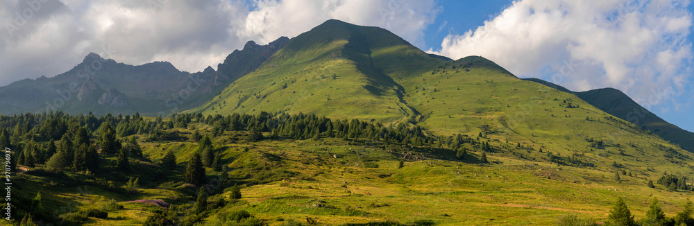 Obraz premium A wide panoramic view of rolling green hills leading up to towering mountain peaks under a partly cloudy sky, capturing the serene and expansive beauty of the alpine landscape