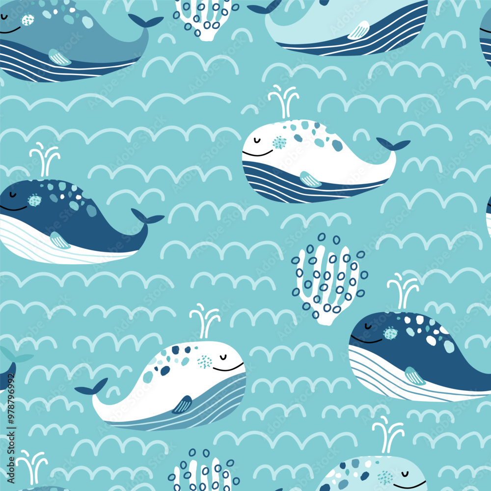 Obraz premium Childish seamless pattern with whales. Marine cartoon fish background for fabric, textile, digital papers. Vector illustration