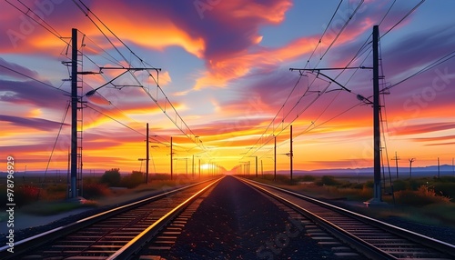 Serene sunset over train tracks illuminated by vibrant colors and silhouetted electric poles creating a dramatic landscape