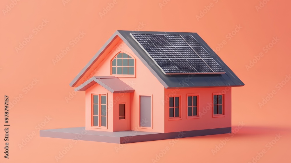 Eco-Friendly Living: Orange Solar Panels and Energy Metrics in Sustainable Home with Green Technology on Coral Background Eco-Friendly Living: Orange Solar Panels and Energy Metrics in Sustainable Home with Green Technology on Coral Background