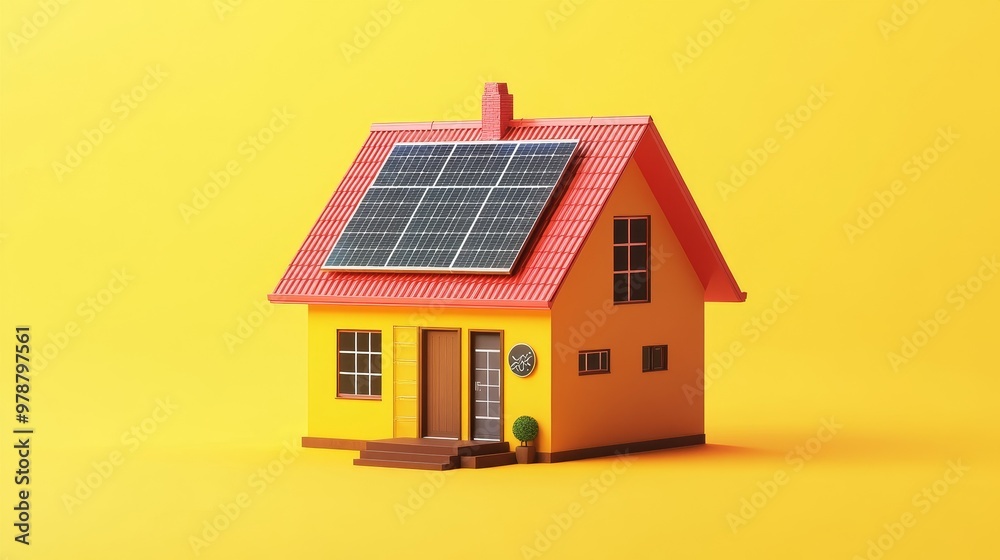 Futuristic Eco-Friendly Smart Home with Red Solar Panels and Energy Stats on Vibrant Yellow Background Futuristic Eco-Friendly Smart Home with Red Solar Panels and Energy Stats on Vibrant Yellow Background