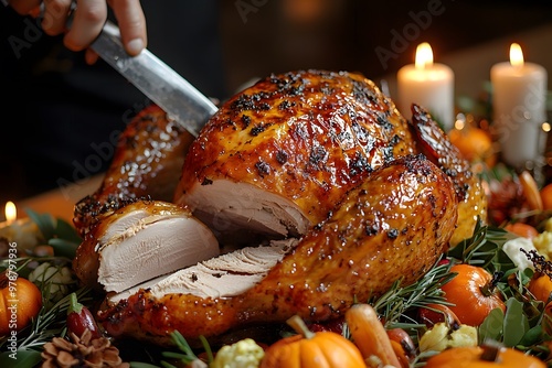 Delicious roasted turkey carving for a festive holiday meal photo