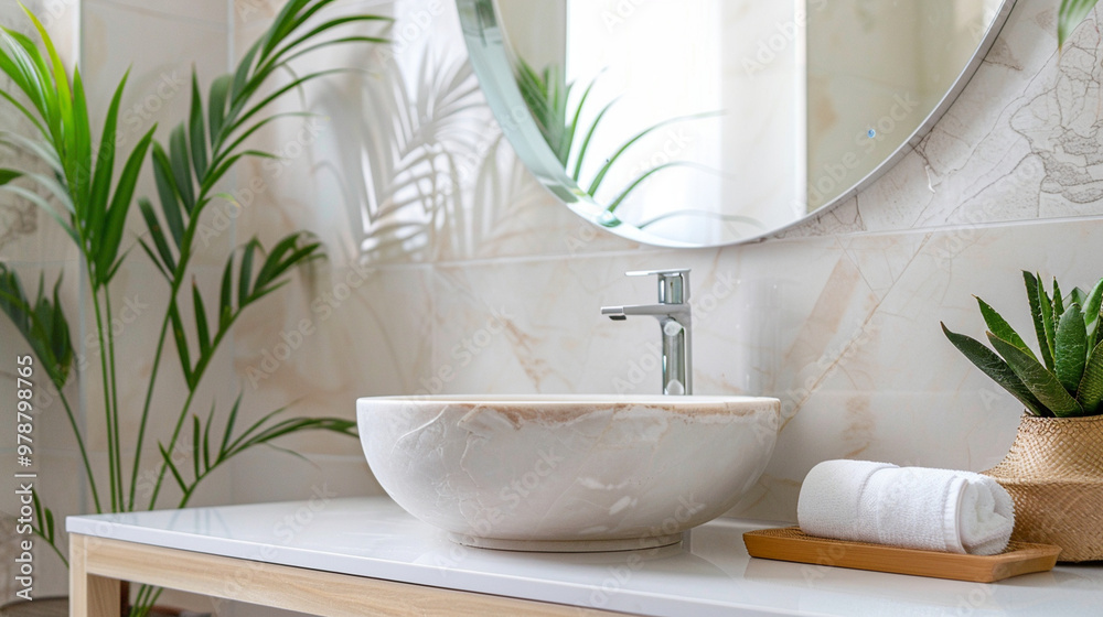 A clean and modern bathroom, with a marble sink, a round mirror, and plants adding a touch of greenery to the minimalist decor. A clean and modern bathroom, with a marble sink, a round mirror, and plants adding a touch of greenery to the minimalist decor.