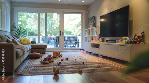 A family living room with a large TV mounted on the wall, comfortable couches, and toys scattered on the floor, capturing a lived-in feel.