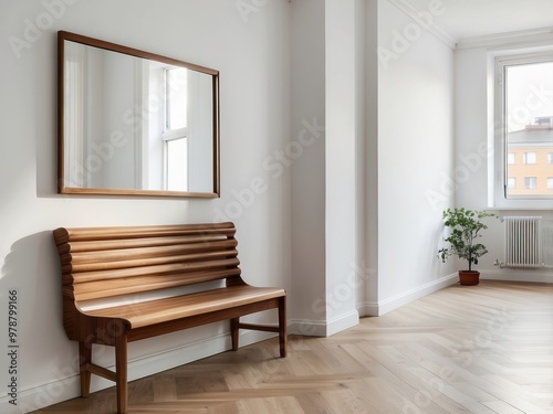 A wooden bench sits in a bright, white room with a large mirror and a small plant.