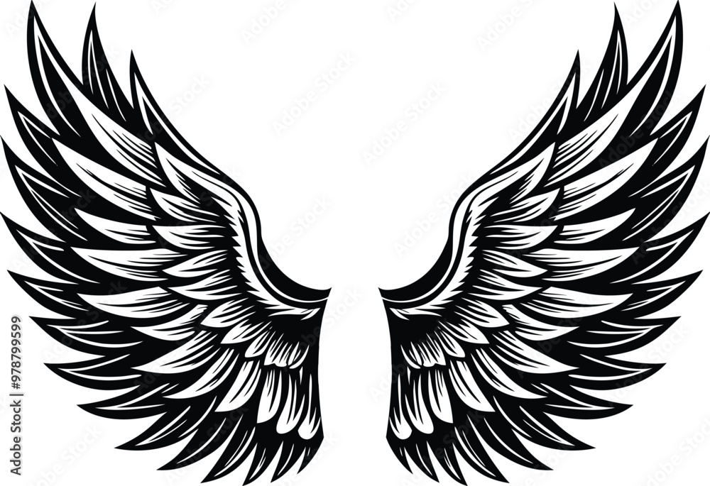 Fototapeta premium Eagle wings silhouette vector art illustration, tattoo drawing, flying angle wing, feather outline vector, concept art design,