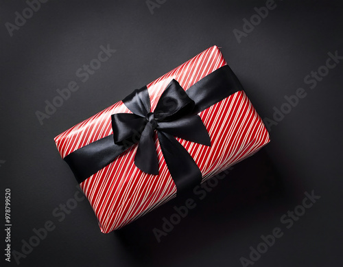  Gift box wrapped in red striped paper with a black bow, placed against a black background f_1(320)