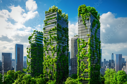 Lush green skyscrapers integrated with nature in an urban landscape.