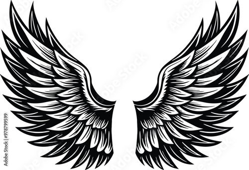Eagle wings silhouette vector art illustration, tattoo drawing, flying angle wing, feather outline vector, concept art design,