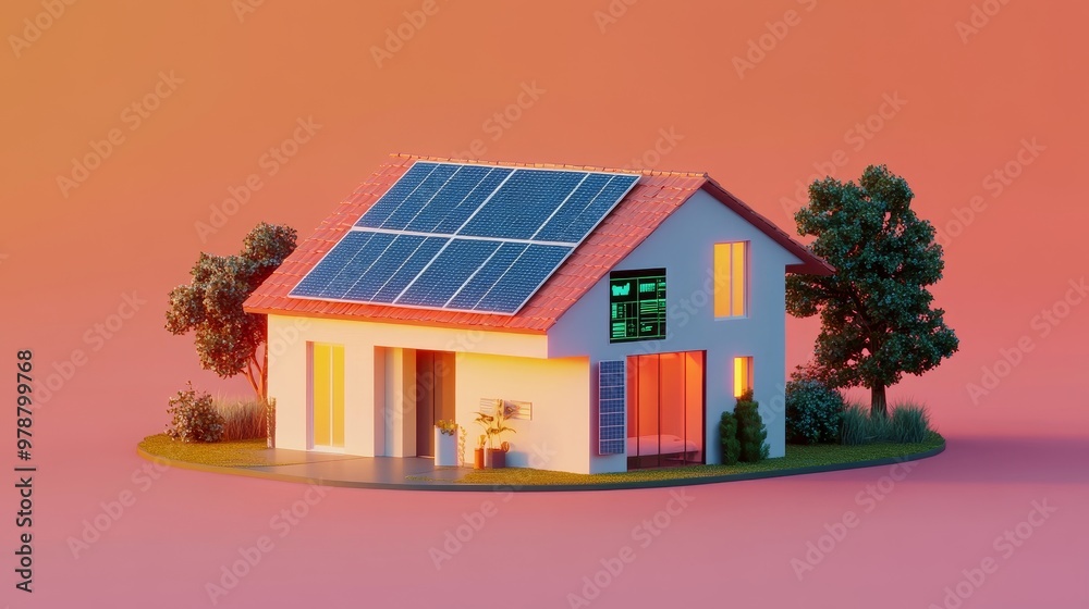 Futuristic High-Tech Home with Solar Panels and Energy Data on Coral Background