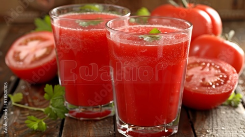 Refreshing vegan tomato juice with parsley on rustic wooden surface for a healthy lifestyle