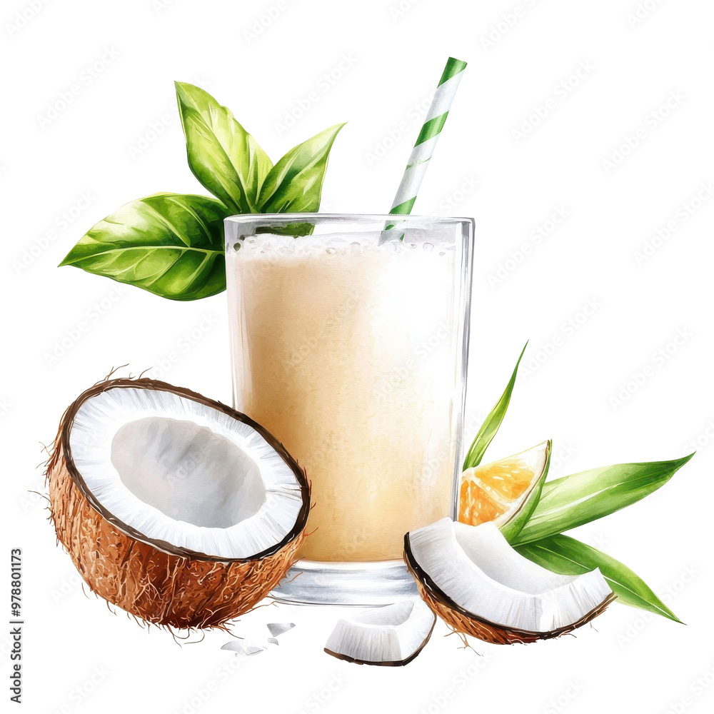 Watercolor coconut fruit smoothie, isolated on a white background. png