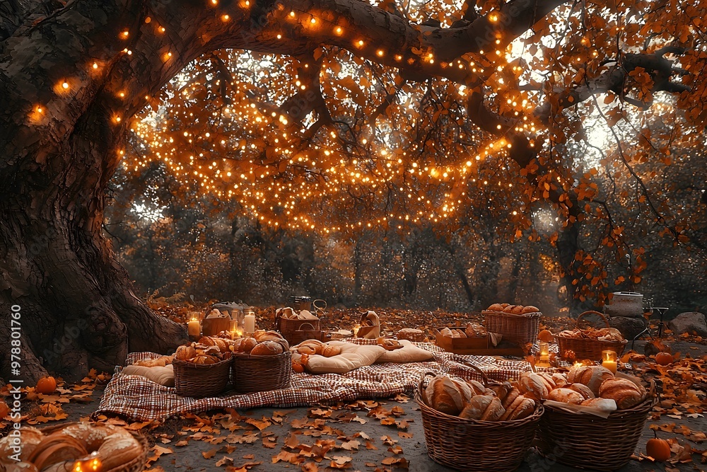 Enchanting autumn picnic under twinkle lights in rustic forest setting Enchanting autumn picnic under twinkle lights in rustic forest setting