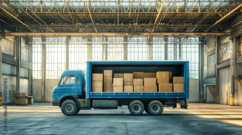 Naklejka premium A bright blue truck stands with its door ajar, revealing a cargo area filled with neatly stacked boxes in a spacious, empty warehouse