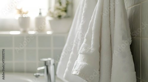 close-up of soft towels hanging in a bathroom, with the air filled with a light floral fragrance