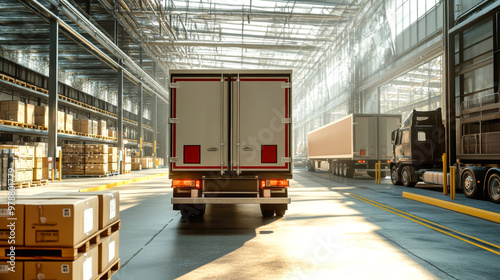 A truck stands with its doors open inside a spacious warehouse, loading and unloading boxes, as other trucks navigate the organized chaos around it