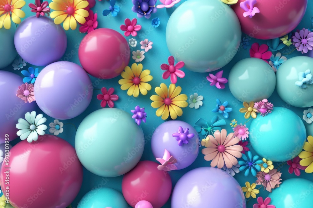 Colorful spheres and flowers on a bright blue background, creating a vibrant and playful composition Perfect for designs focused on joy and creativity Colorful spheres and flowers on a bright blue background, creating a vibrant and playful composition Perfect for designs focused on joy and creativity