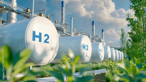 A modern hydrogen production facility showcases gleaming H2 tanks, surrounded by pipelines and greenery, all set against a blue sky with industrial elements photo