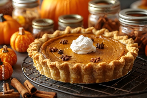 Rustic pumpkin pie with whipped cream amidst autumnal decor and spices