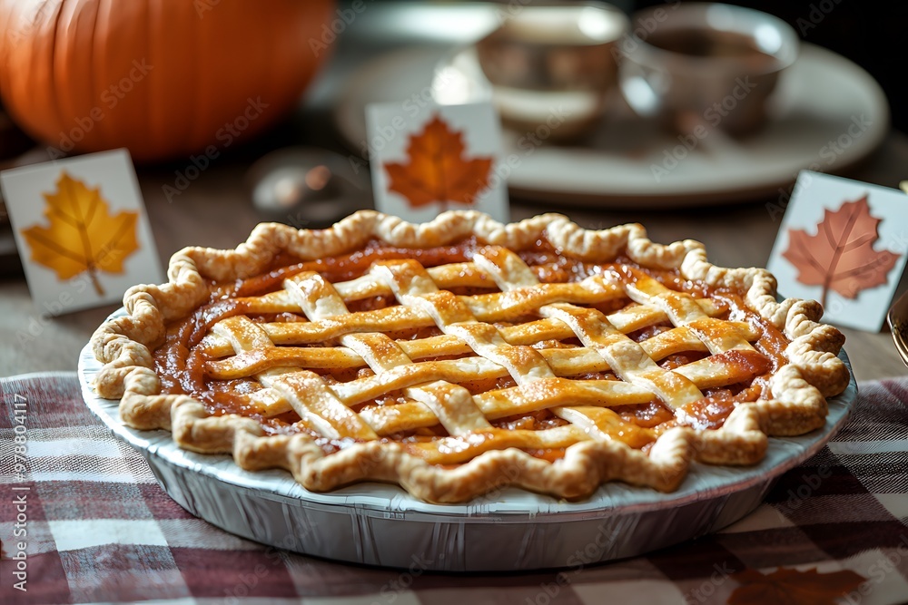 Rustic pumpkin pie with lattice crust surrounded by autumn decorations Rustic pumpkin pie with lattice crust surrounded by autumn decorations