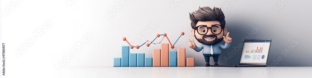 3D cartoon illustration of a businessman showing charts on a laptop screen. Financial advisor concept 3D cartoon illustration of a businessman showing charts on a laptop screen. Financial advisor concept