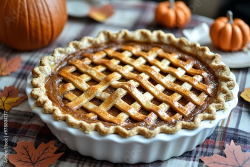 Homemade pumpkin pie with lattice crust on autumn-themed table setting