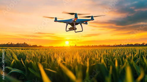 Drone flying over a field. Modern agriculture