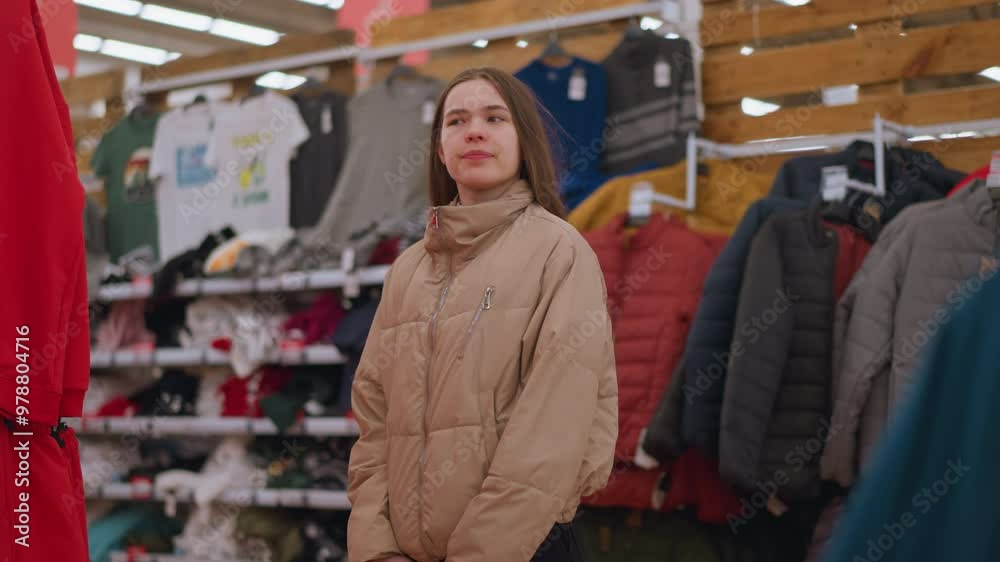 A girl with long brown hair, wearing a light brown jacket, is seen standing and looking around thoughtfully in a clothing store. Various jackets and shirts are displayed on racks in the background A girl with long brown hair, wearing a light brown jacket, is seen standing and looking around thoughtfully in a clothing store. Various jackets and shirts are displayed on racks in the background