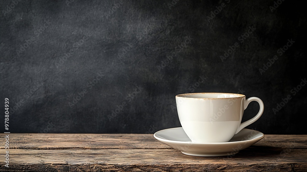 White Ceramic Cup and Saucer on Wooden Table on Black Background : Generative AI White Ceramic Cup and Saucer on Wooden Table on Black Background : Generative AI