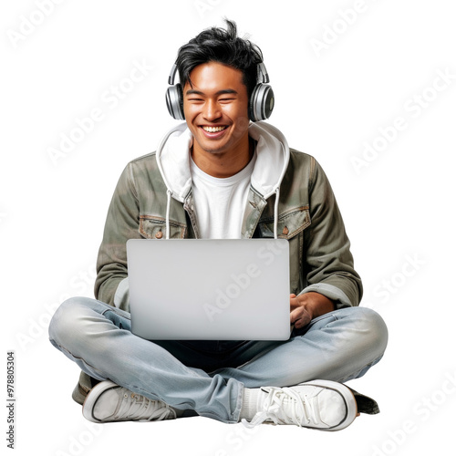 A young man is sitting on the floor with a laptop in front of him photo