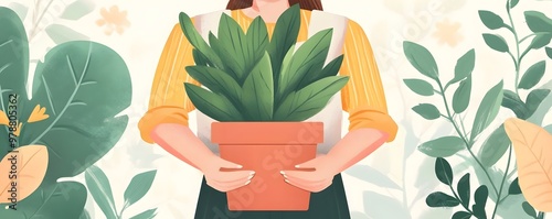 Gardener Holding Thriving Potted Plant in Banner Background