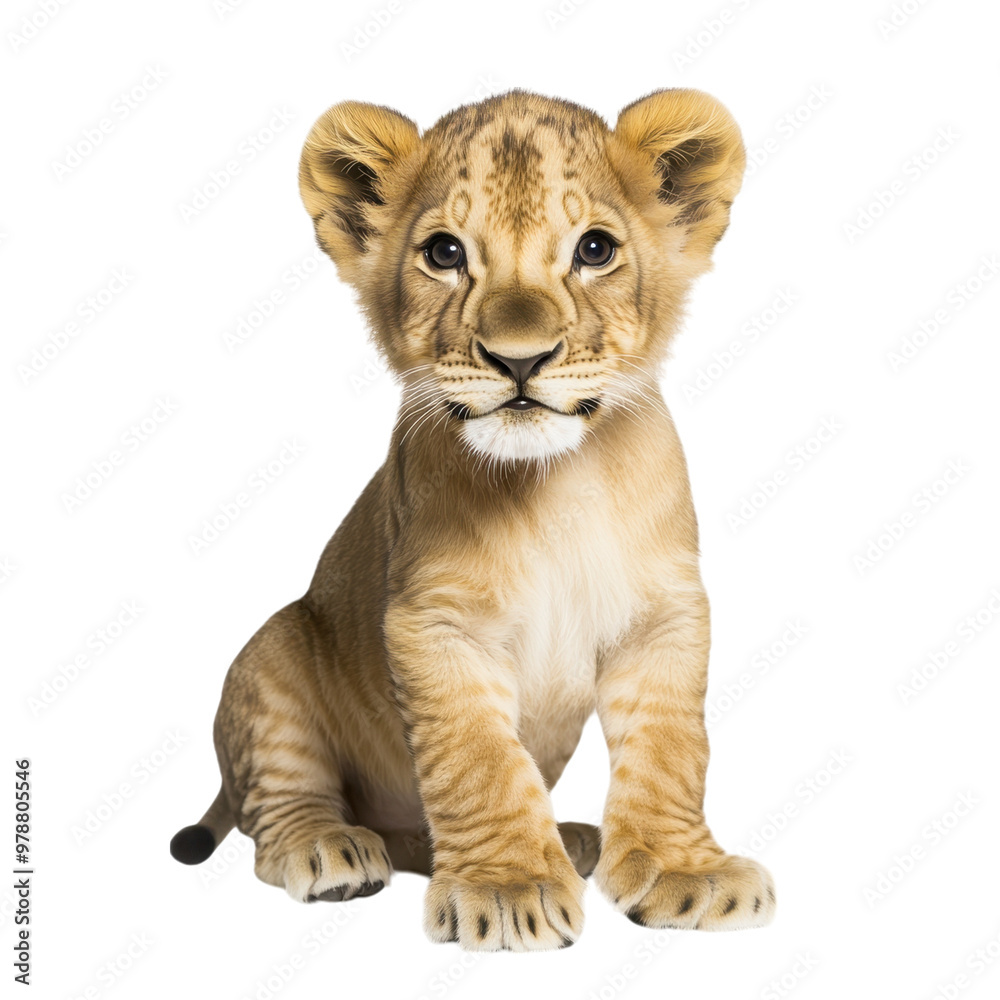 Closeup portrait of a cute and curious young lion cub sitting and looking directly at the against a plain white background Closeup portrait of a cute and curious young lion cub sitting and looking directly at the against a plain white background