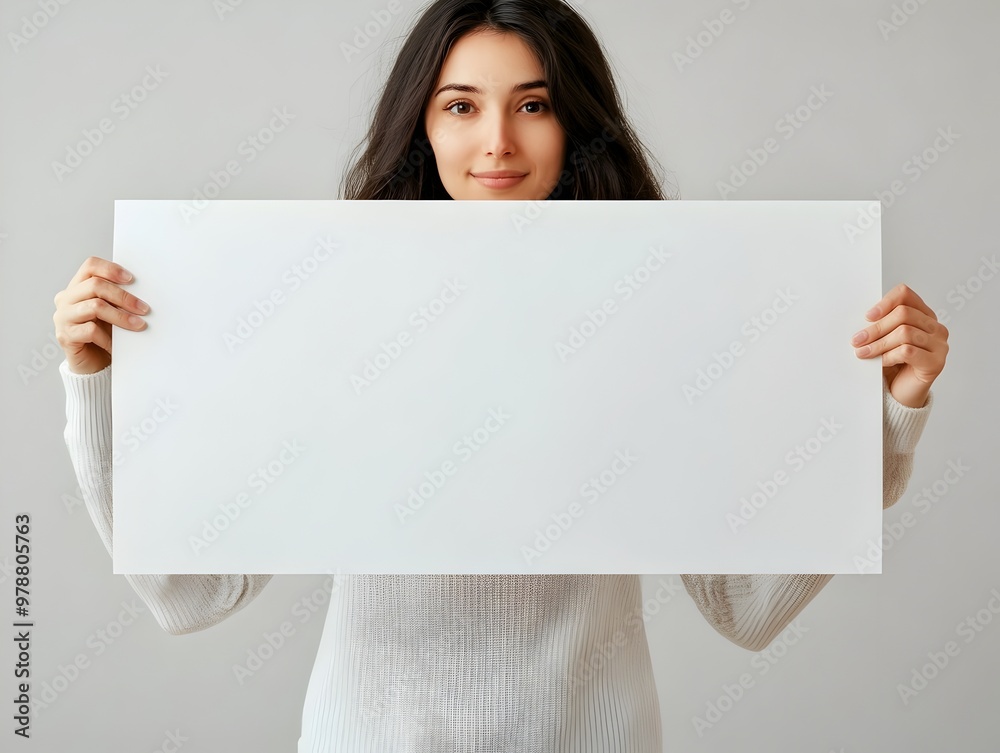 Confident Teacher Holding Blank Whiteboard Mock up Banner in Studio Confident Teacher Holding Blank Whiteboard Mock up Banner in Studio