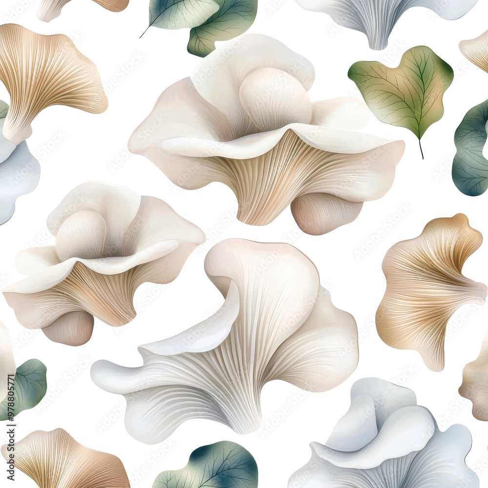 Watercolor seamless pattern of oyster mushrooms, isolated on a white background. png Watercolor seamless pattern of oyster mushrooms, isolated on a white background. png