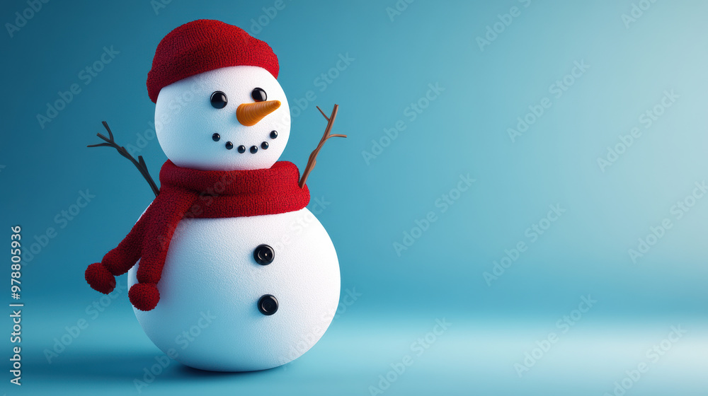 A cheerful snowman with button eyes and red scarf stands against blue background A cheerful snowman with button eyes and red scarf stands against blue background