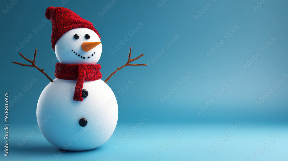 Snowman with button eyes, wearing red hat and scarf, cheerful and festive Snowman with button eyes, wearing red hat and scarf, cheerful and festive