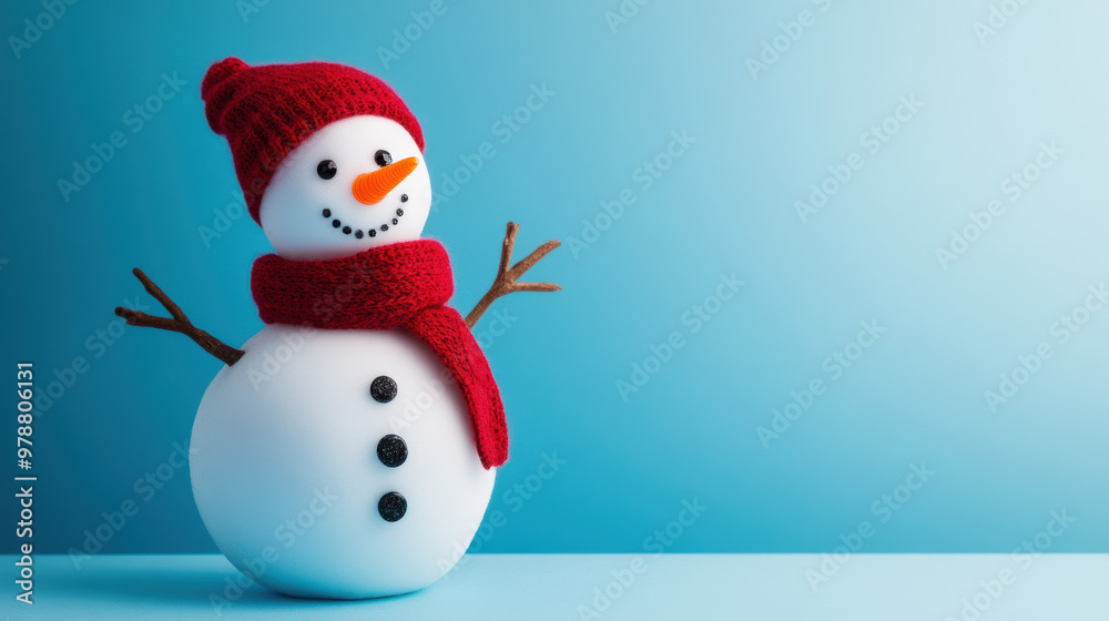 A cheerful snowman with button eyes and red scarf stands against blue background A cheerful snowman with button eyes and red scarf stands against blue background