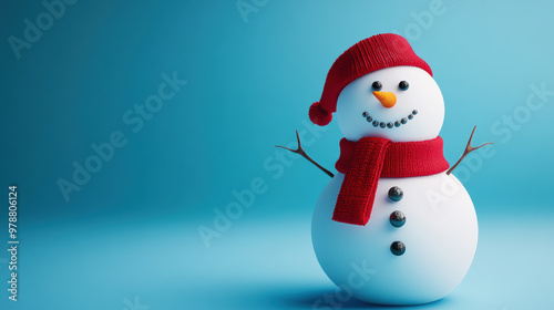 A cheerful snowman with button eyes and red scarf stands against blue background