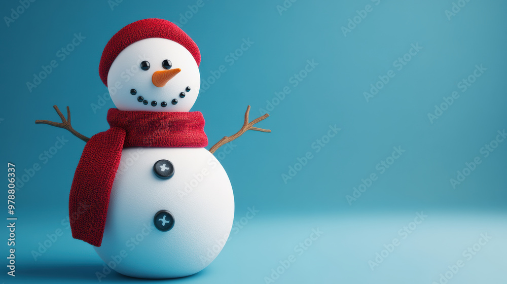 A cheerful snowman with button eyes and red scarf stands against blue background A cheerful snowman with button eyes and red scarf stands against blue background