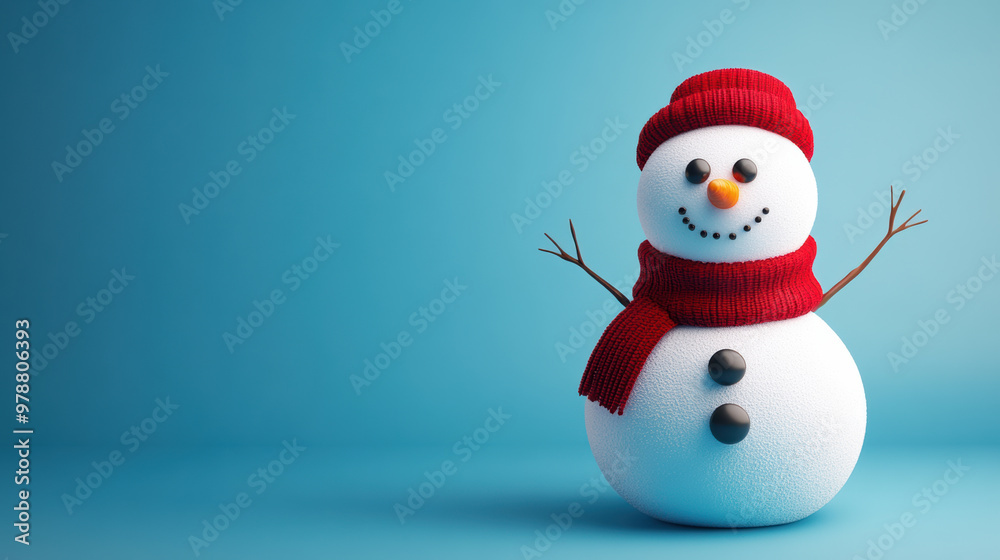 A cheerful snowman with button eyes and red scarf stands against blue background A cheerful snowman with button eyes and red scarf stands against blue background