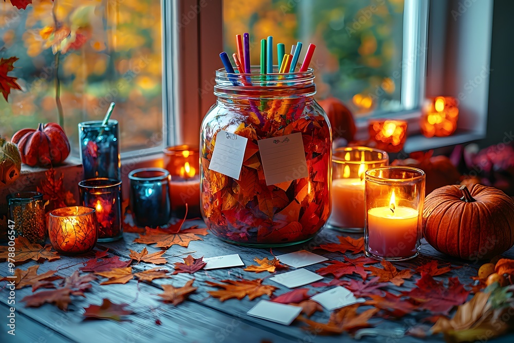 Fototapeta premium Cozy autumn scene with candles, pumpkins, and a jar of leaves by the window