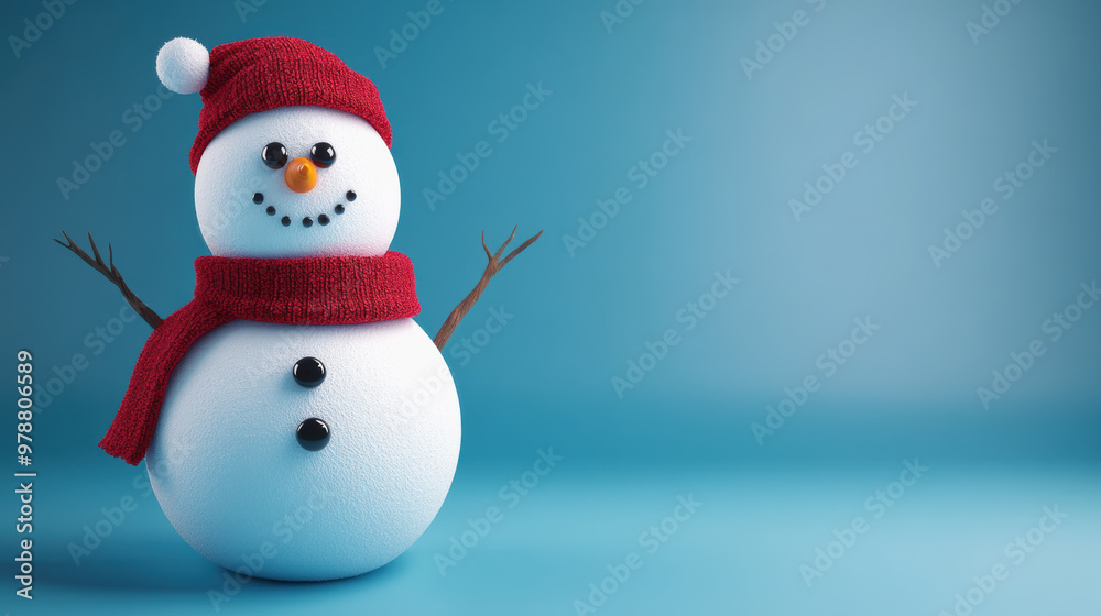 A cheerful snowman with button eyes and red scarf stands against blue background A cheerful snowman with button eyes and red scarf stands against blue background