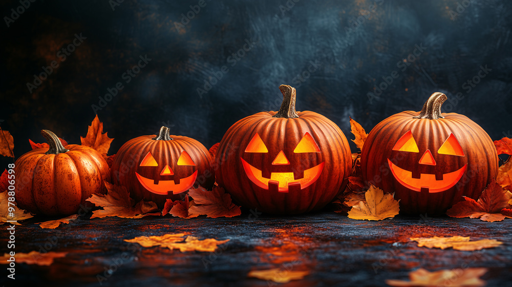 Spooky carved pumpkin with glowing eyes is sitting on a stone path Spooky carved pumpkin with glowing eyes is sitting on a stone path