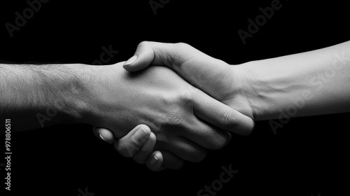 Two hands clasped together in a handshake, black and white photograph