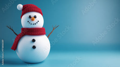 A cheerful snowman with button eyes and red scarf stands against blue background